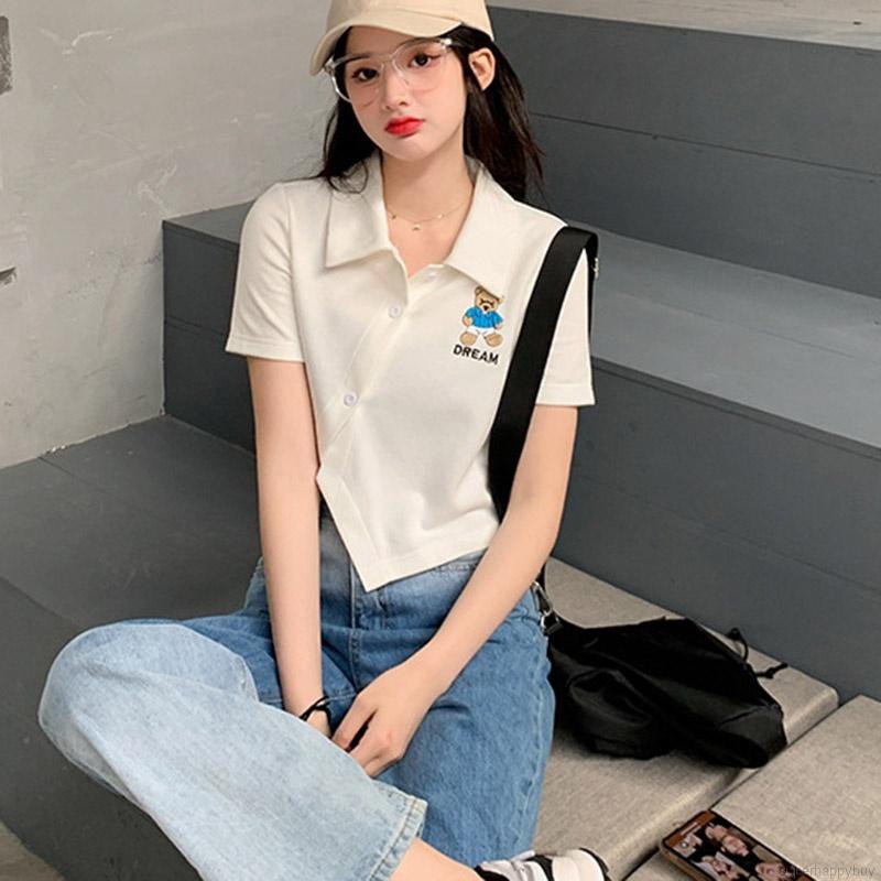 Áo Sơ Mi Tay Ngắn Cổ Polo In Hình Gấu Hoạt Hình Phong Cách Hàn Quốc Cho Nữ