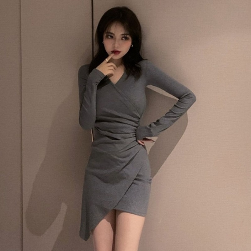 Đầm Tay Dài Cổ Chữ V Dáng Ôm Chiết Eo Thiết Kế Vạt Đan Chéo Thời Trang Quyến Rũ Cho Nữ