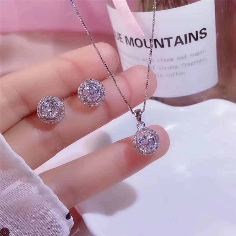 Bộ trang sức Bijoux CCAS228 gồm dây chuyền khuyên tai dạng xỏ nhẫn mạ bạc S925 đính viên đá zircon đám cưới cho nữ