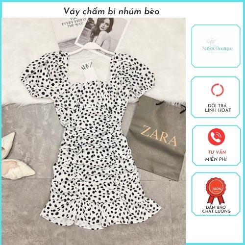 Váy body chấm bi nhúm bèo đen trắng