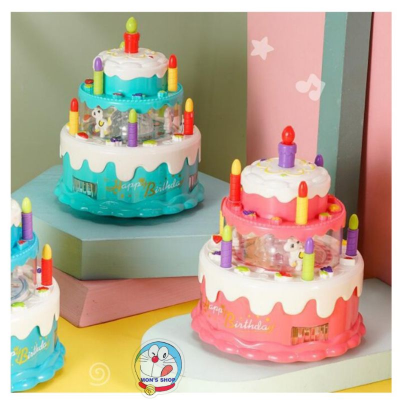 Đồ chơi bánh sinh nhật dùng pin, có âm thanh và ánh sáng, chuyển động xoay tròn vui nhộn