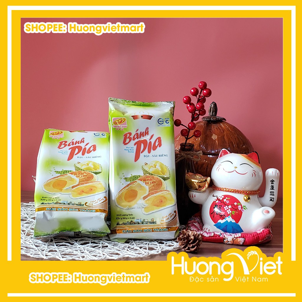 Bánh pía đậu xanh sầu riêng trứng muối Tân Huê Viên 320g, bánh pía Sóc Trăng chính hãng [Túi gồm 4 bánh]