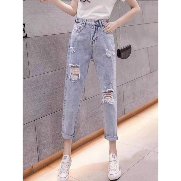Quần jean baggy nữ ống suông rách gối phom lửng cắt rách cá tính Tulibs BG23