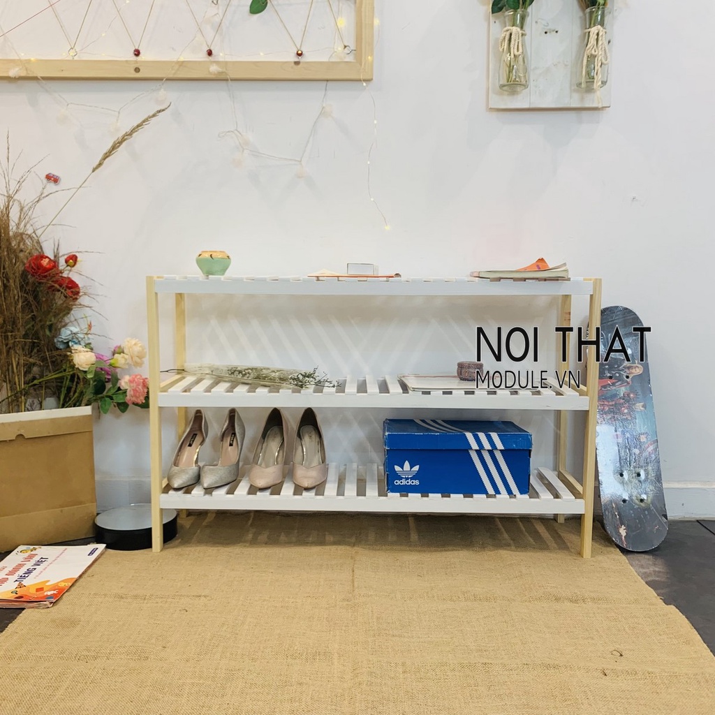 Kệ gỗ đa năng derco phòng ngủ, phòng khách 3 tầng mầu trắng kết hợp gỗ