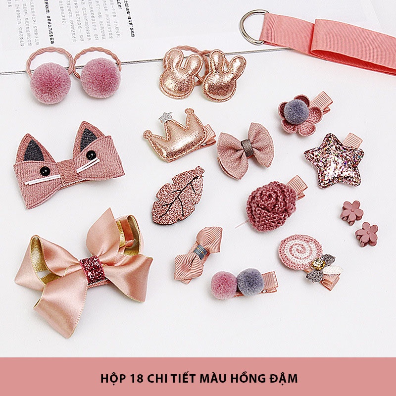 [Sale Sốc] Hộp quà dây buộc tóc, nơ buộc kẹp tóc, 18 phụ kiện cho bé gái, tóc xinh xắn dễ thương phong cách hàn quốc