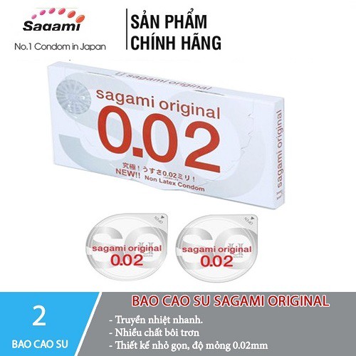 Bao cao su Sagami 002 Siêu Mỏng [CHÍNH HÃNG],2 bao, BCS Sagami size 56mm, mỏng tang, trong suốt, nhập cuộc khẩn trương