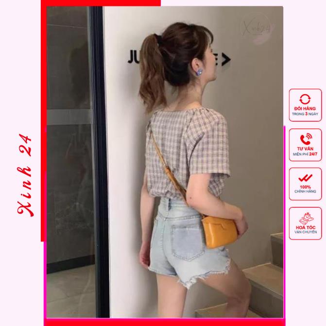 Áo Kiểu Nữ Cổ Vuông Sọc Caro trẻ trung xinh xắn, phong cách Hàn Quốc | BigBuy360 - bigbuy360.vn