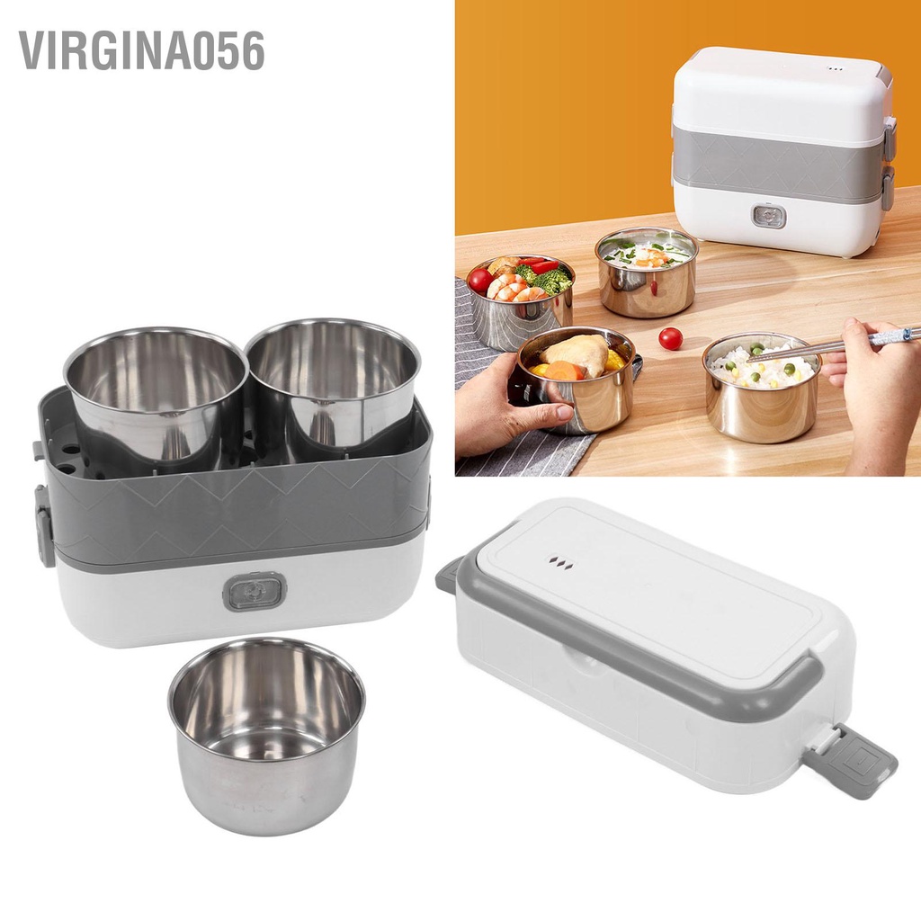 Virgina056 Hộp cơm điện 200W hâm nóng hai lớp thức ăn di động cho xe hơi ở nhà và nơi làm việc