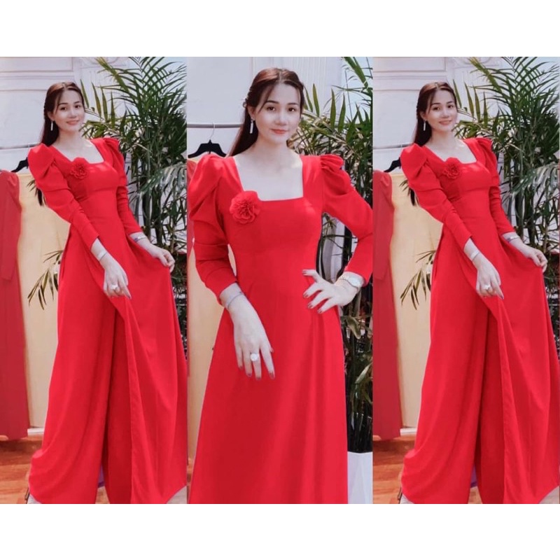 ÁO DÀI CỔ VUÔNG TAY BỒNG ĐÍNH HOA TRƯỚC NGỰC