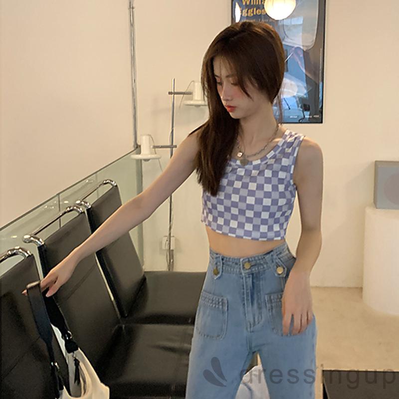 Áo Không Tay Cổ Tròn In Họa Tiết Ô Vuông Thời Trang Mùa Hè Cho Nữ