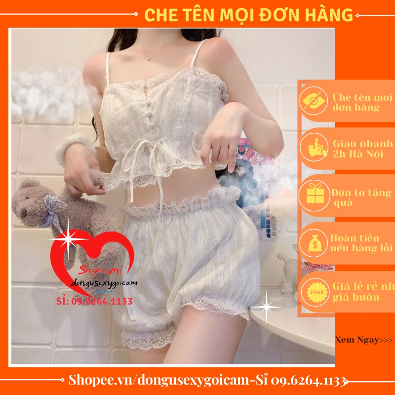 Bộ đồ ngủ sexy nữ quần áo ngắn sexy gợi cảm mặc nhà vải thô quảng châu cao cấp màu trắng - BỘ THÔ TRẮNG