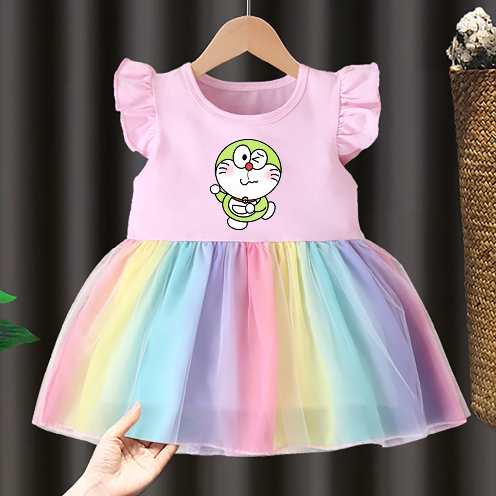 Doremon Trẻ Em Bé Gái Váy Sinh Nhật Trẻ Em Bé Gái Váy Cầu Vồng Váy Váy Mặc Lưới Thoáng Khí