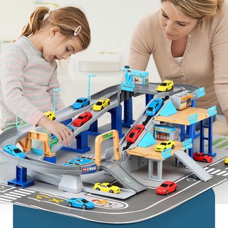 Tòa nhà ô tô mới, toa tàu, bộ đồ chơi bãi đậu xe cho trẻ em, đường sắt để nhiều tầng lớn