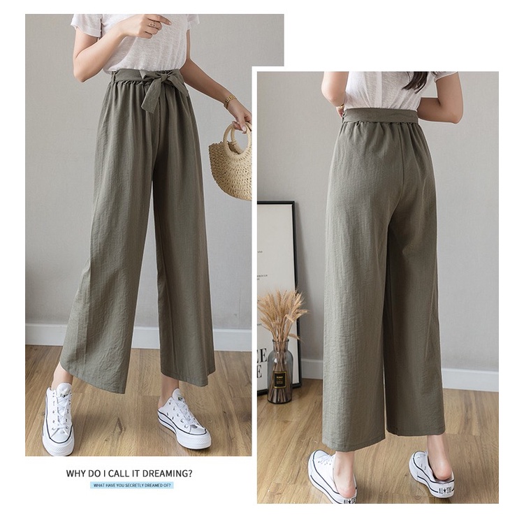Quần dài lưng chun thắt nơ điệu đà chất đũi linen nữ hàng xuất dư cạp cao ống rộng tôn dáng có bigisze 80kg mặc ở nhà