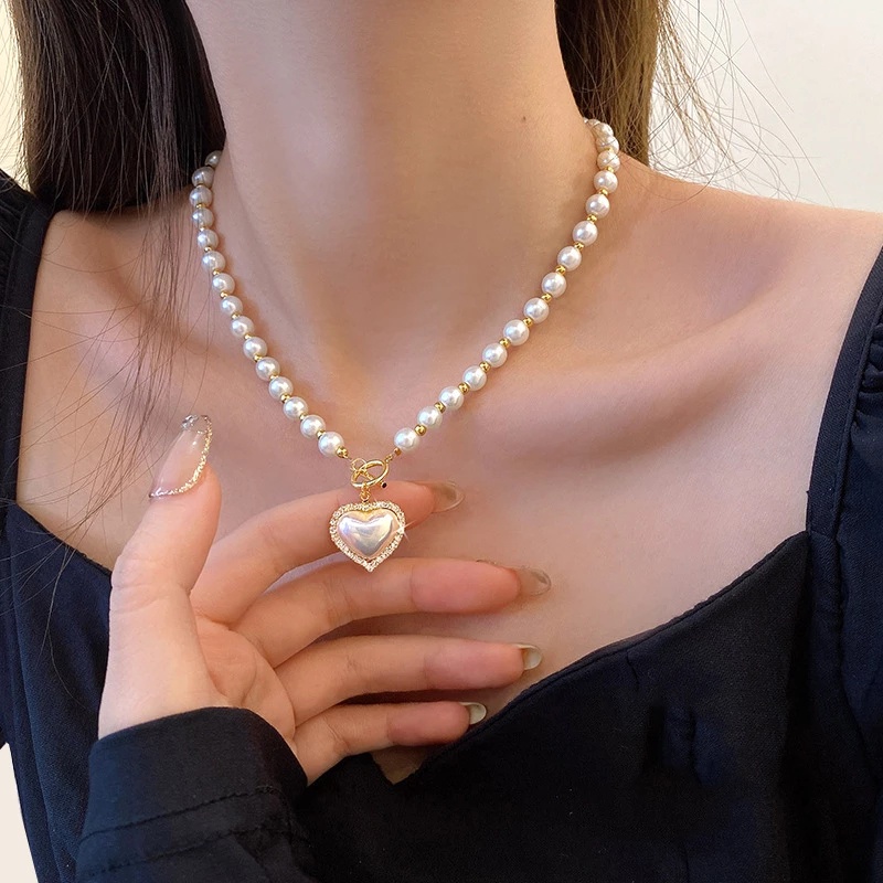 Dây Chuyền / Vòng Cổ Choker Mặt Trái Tim Pha Lê Ngọc Trai Nhân Tạo Lãng Mạn Sang Trọng Nhẹ Nhàng
