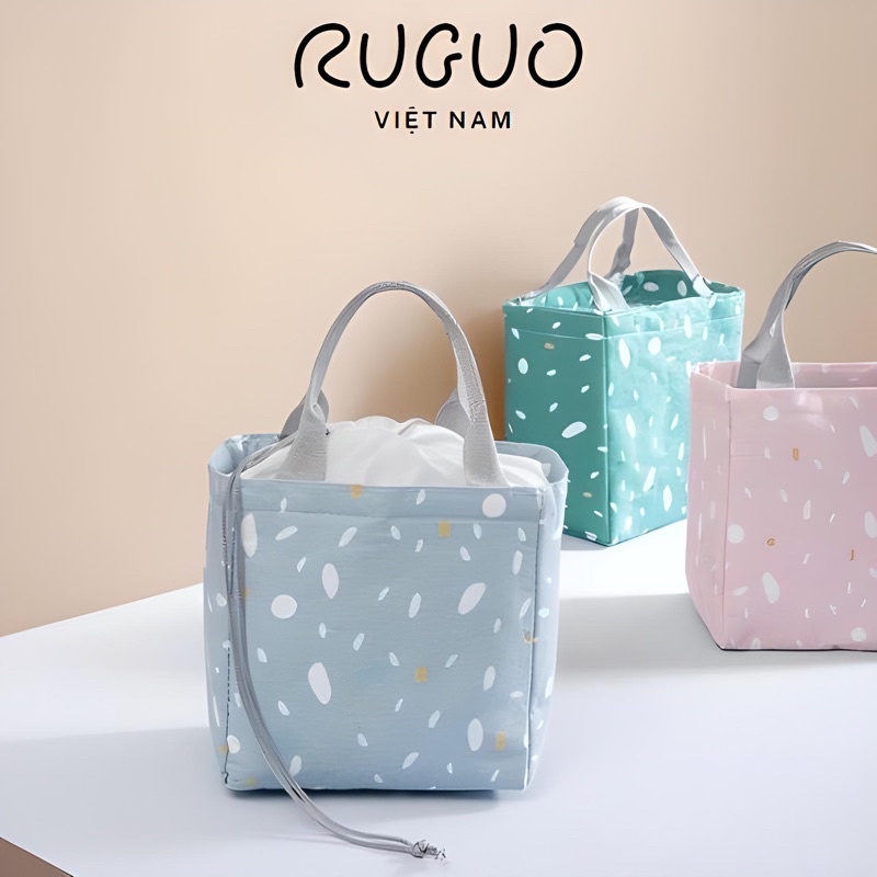Túi giữ nhiệt đựng hộp cơm dây rút RUGUO họa tiết 2 lớp chất lượng cao