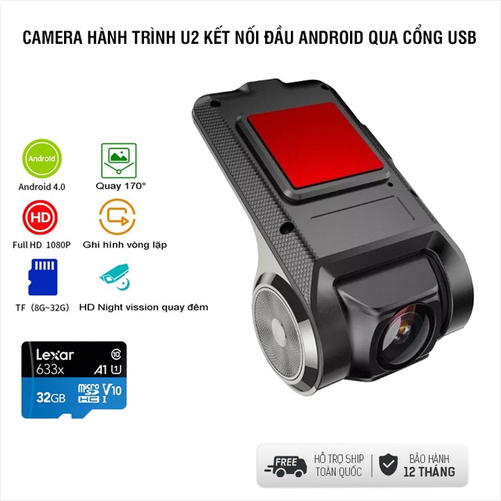 Camera hành trình Ô TÔ U2 DVR FHD 1080P Cao cấp, góc rộng siêu nét - kết nối Đầu android ô tô qua cổng usb - BH 12 Tháng