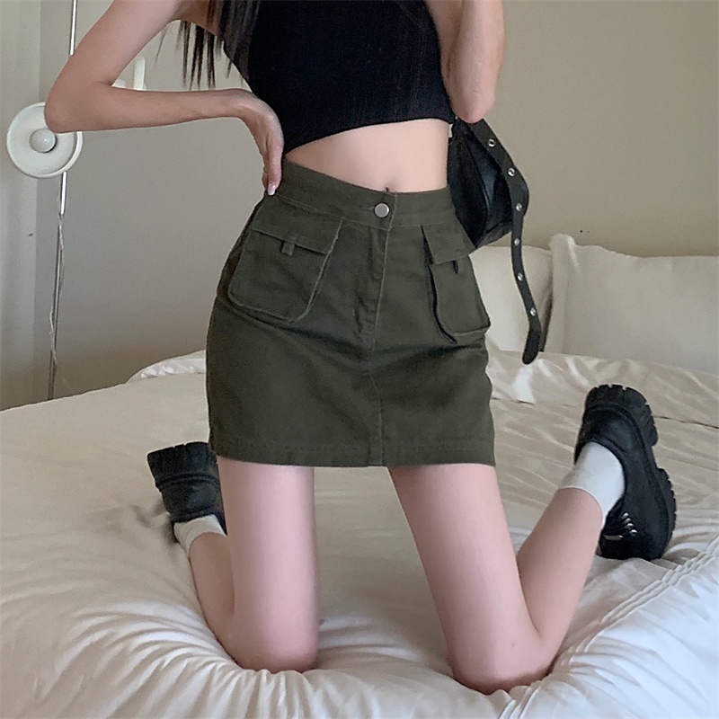 QKOOLE Chân váy jean  lưng cao đơn giản phong cách Hàn Quốc