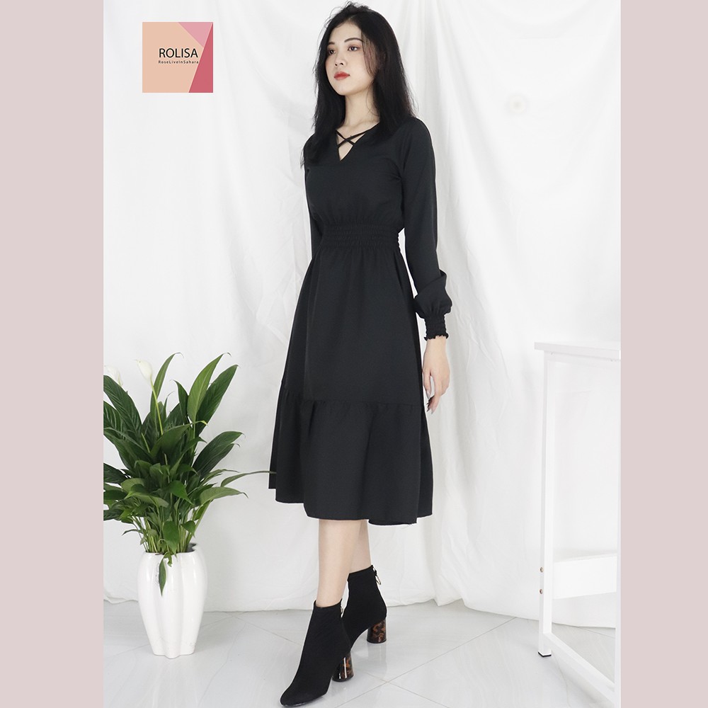 [Mã SKAMSALEP6 giảm 10% tối đa 100K đơn 150K] Đầm váy nữ dài tay dáng dài Rolisa RD058 Màu đen | BigBuy360 - bigbuy360.vn