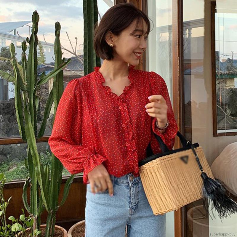 Áo Kiểu Chiffon In Hoa Tay Phồng Thanh Lịch Phong Cách Hàn Quốc