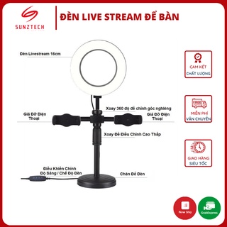 Đèn Livestream để bàn, Tích Hợp Giá Đỡ 2 Điện Thoại Có 3 Chế Độ Sáng, Kẹp Điện Thoại Để Bàn Quay Video Có Đèn Led 3 Màu