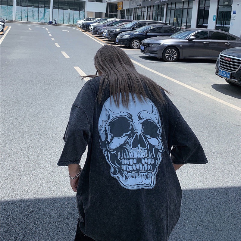 Áo Thun In Hình Đầu Lâu Phong Cách Harajuku Cổ Điển Thời Trang Mùa Hè Unisex Y2k Grunge