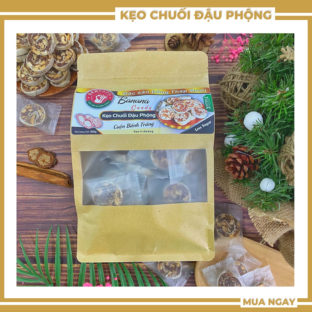 Kẹo chuối đậu phộng cuộn bánh tráng Senfarm ít đường bịch 500g