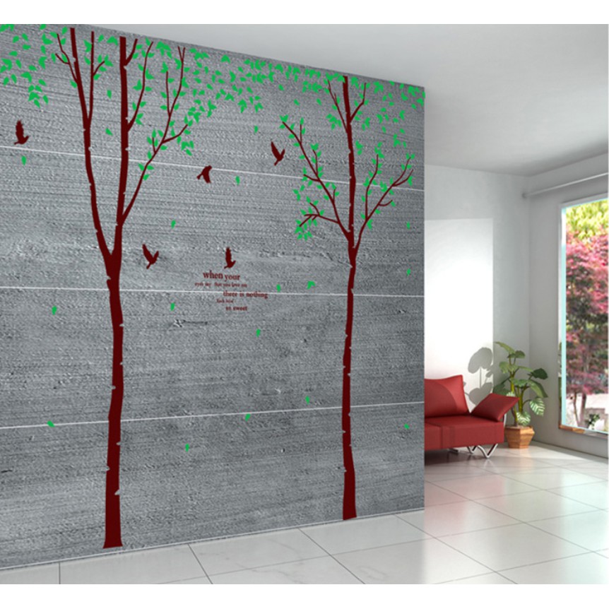Decal trang trí tường - 2 Cây mỏng lá xanh nhí Chim Đen size lớn ( 3 tấm )