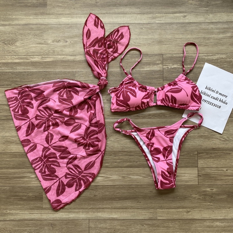 [BKN1265] &lt;ÂU&gt; SET BIKINI 3 MÓN HỒNG LÁ KÈM KHĂN HÔNG