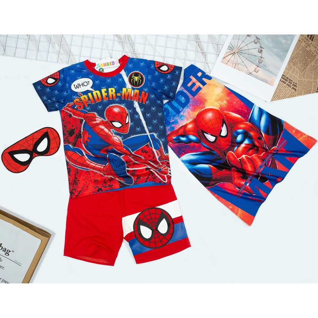 Bộ thun cotton người nhện spiderman kèm khăn choàng mặt nạ bé trai