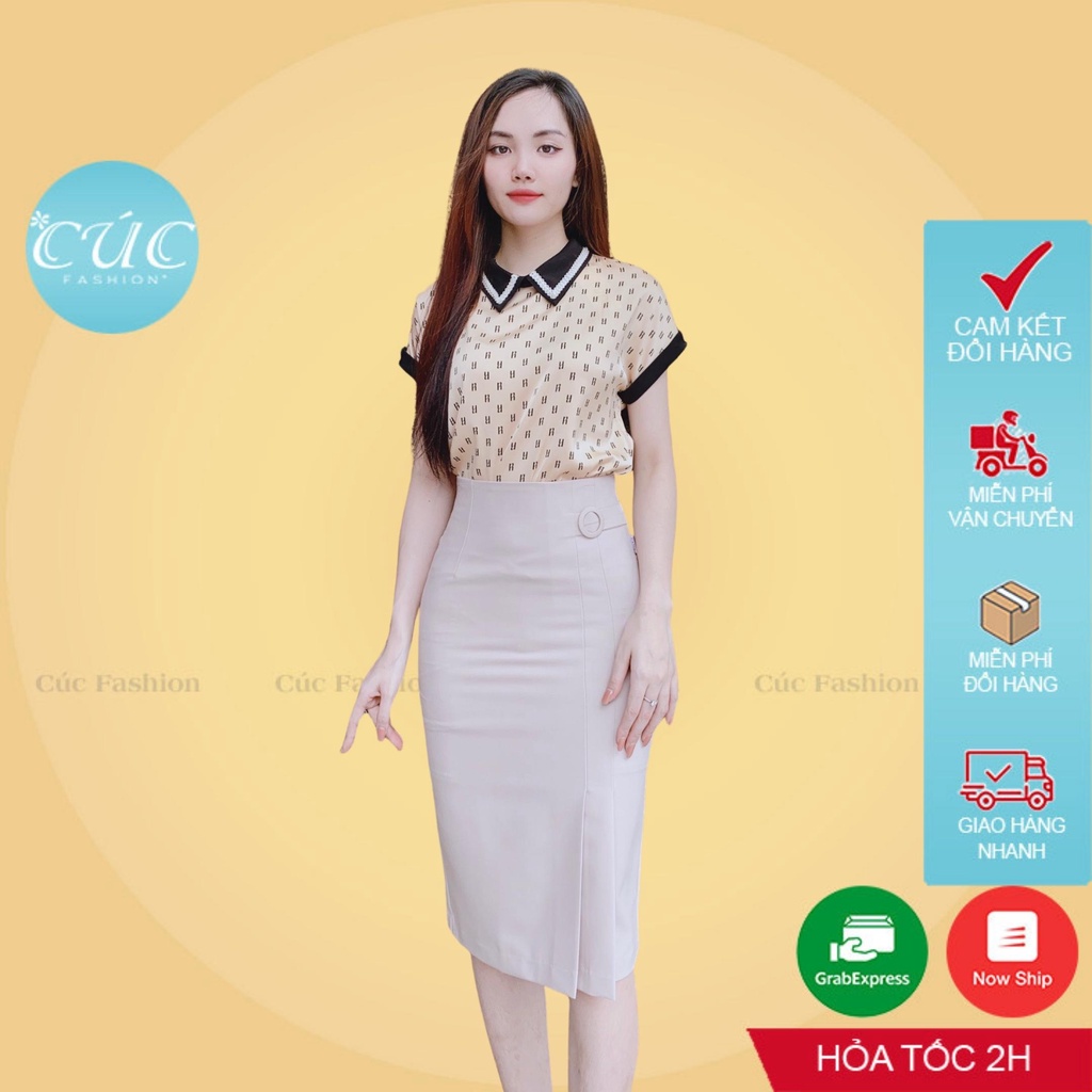 Chân váy bút chì CÚC FASHION đầm nữ ôm che bụng cao cấp dài qua gối đen xẻ thời trang công sở đẹp ly bên đai tròn CV855