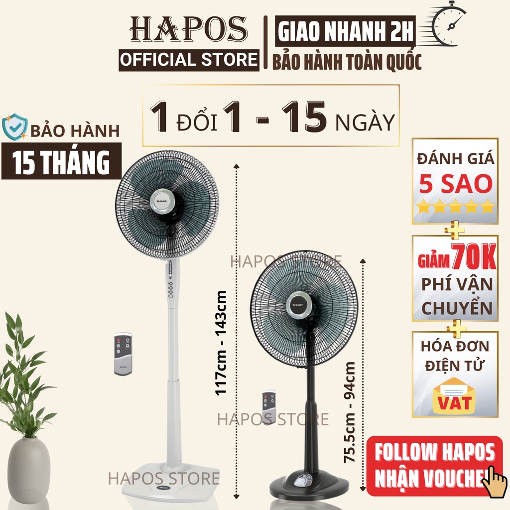 Quạt điện đứng có điều khiển Sharp, Quạt cây lửng để để sàn điều hòa làm mát - Hàng Malaysia - HAPOS