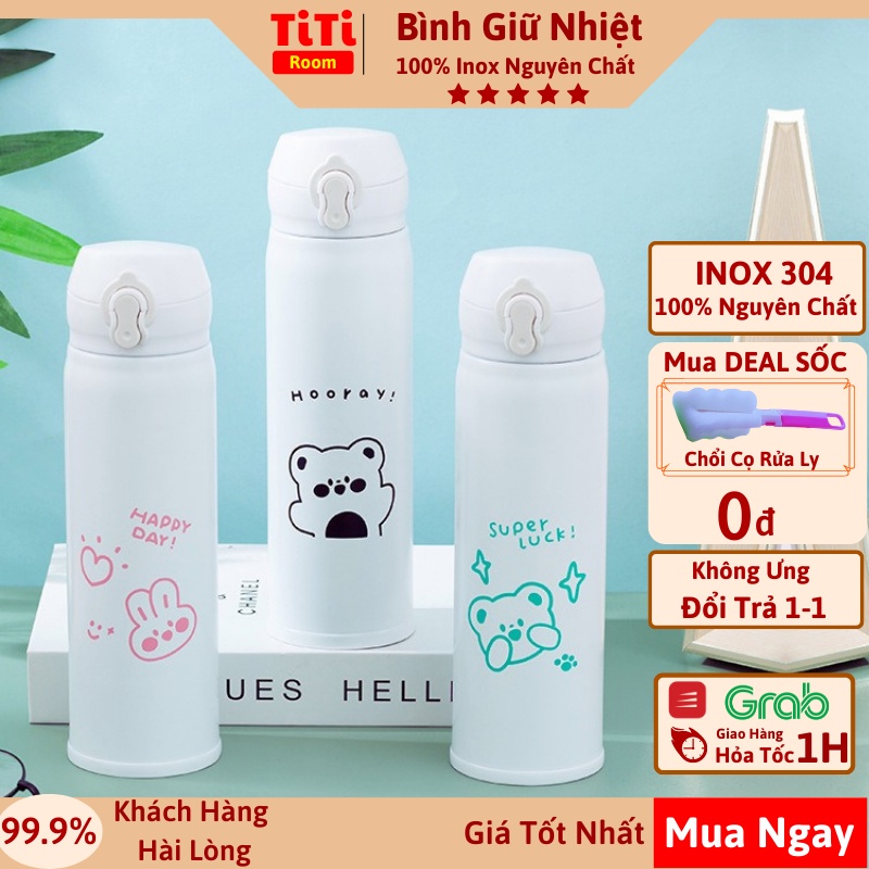 Bình đựng nước giữ nhiệt cute thép không gỉ INOX 304 dễ thương dung tích 350/500ml mang đi học, đi làm TiTiRoom