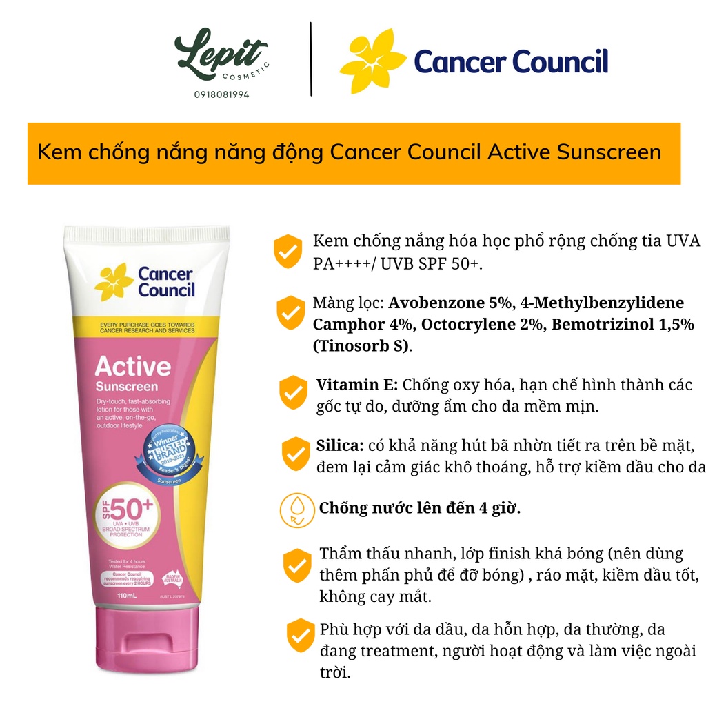 Kem chống nắng Cancer Council phổ rộng Ultra / Active Sunscreen SPF 50+/PA++++ Kcn Cancer Council
