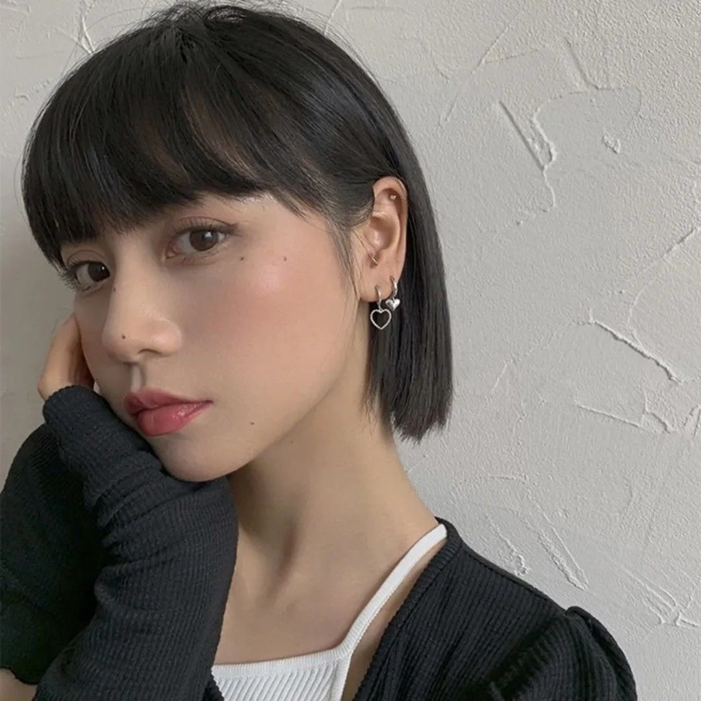 Khuyên tai MAYEBE LAVEND dáng dài hình trái tim màu bạc phong cách hip-hop Hàn Quốc đơn giản sành điệu