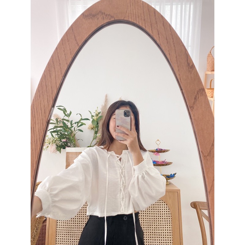 Áo croptop tay phồng form rộng, đan dây braided shirt LUCETFASHION, áo kiểu nữ tay dài