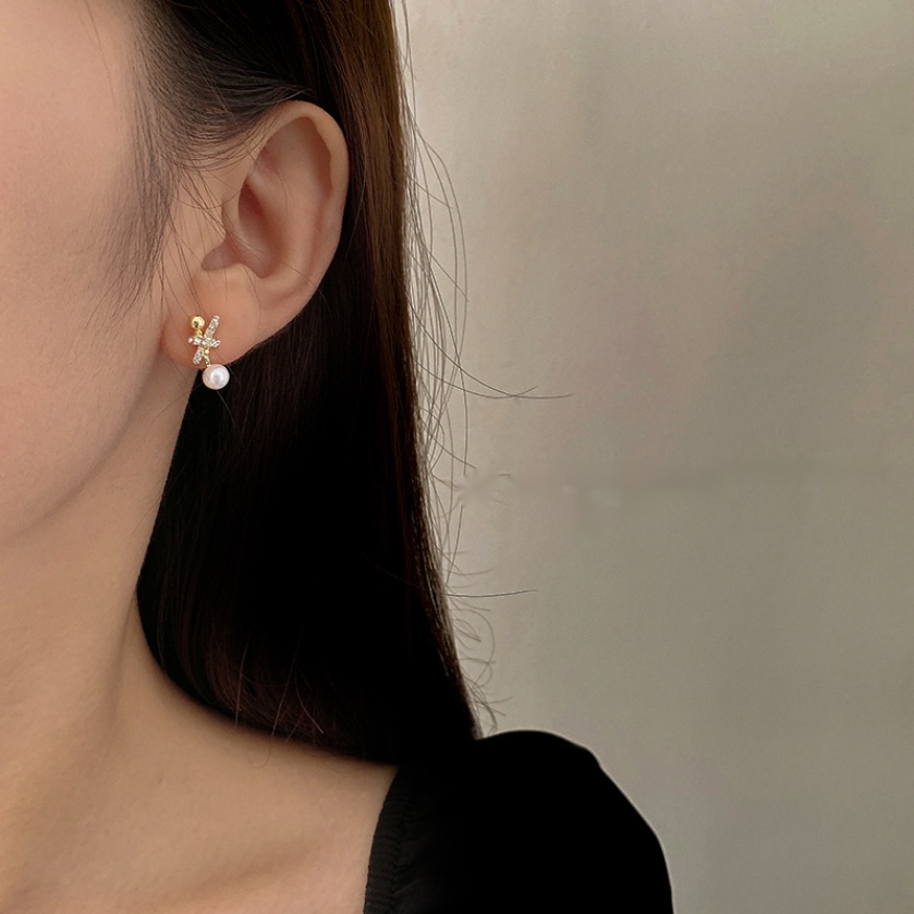 MOCHASHUBông Tai Nơ Ngọc Trai Mạ Bạc Màu Trắng Bông Tai Nữ Cao Cấp Phong Cách Hàn Quốc