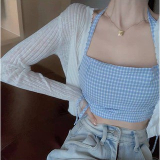 Set 2 món crop áo: áo crop caro rút dây hông kèm khoác crop trắng✨