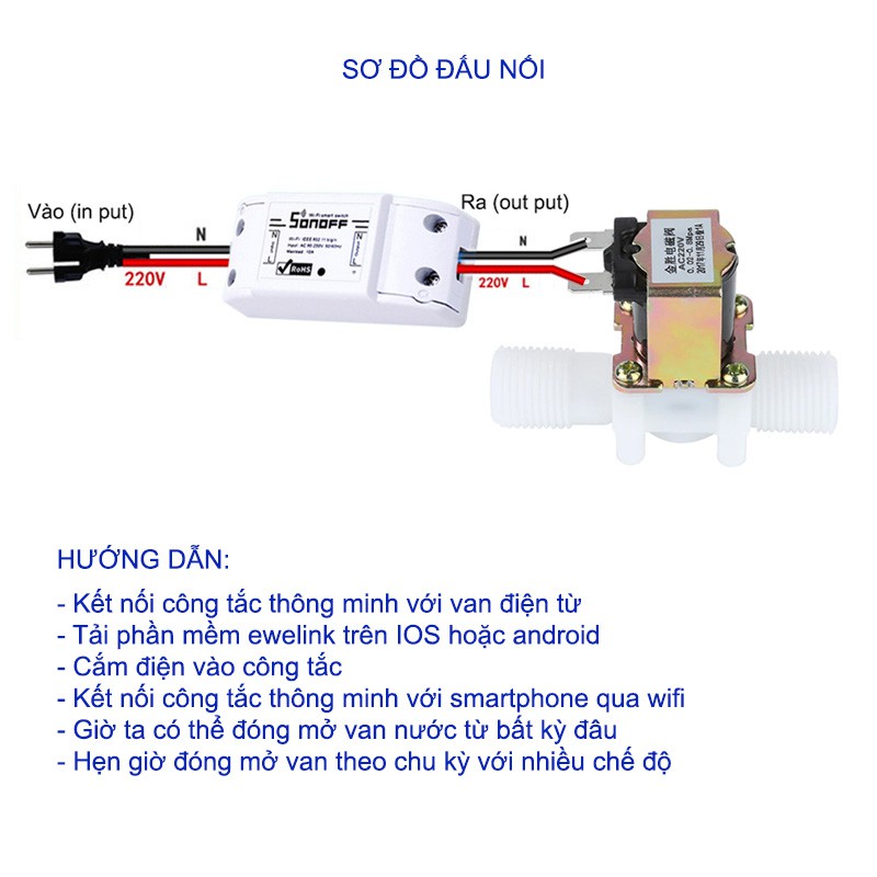 Bộ van nước điện từ D15 và công tắc thông minh điều khiển bằng smartphone 220V