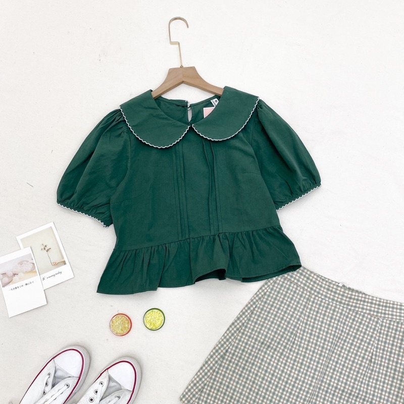 Áo ngắn tay viền cổ bèo xinh xắn - kèm ảnh chụp tại shop