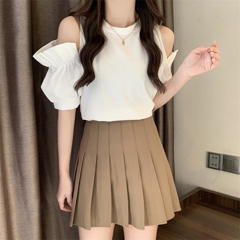 Áo thun SUXI tay ngắn hở vai cổ tròn phong cách Hàn Quốc cho nữ