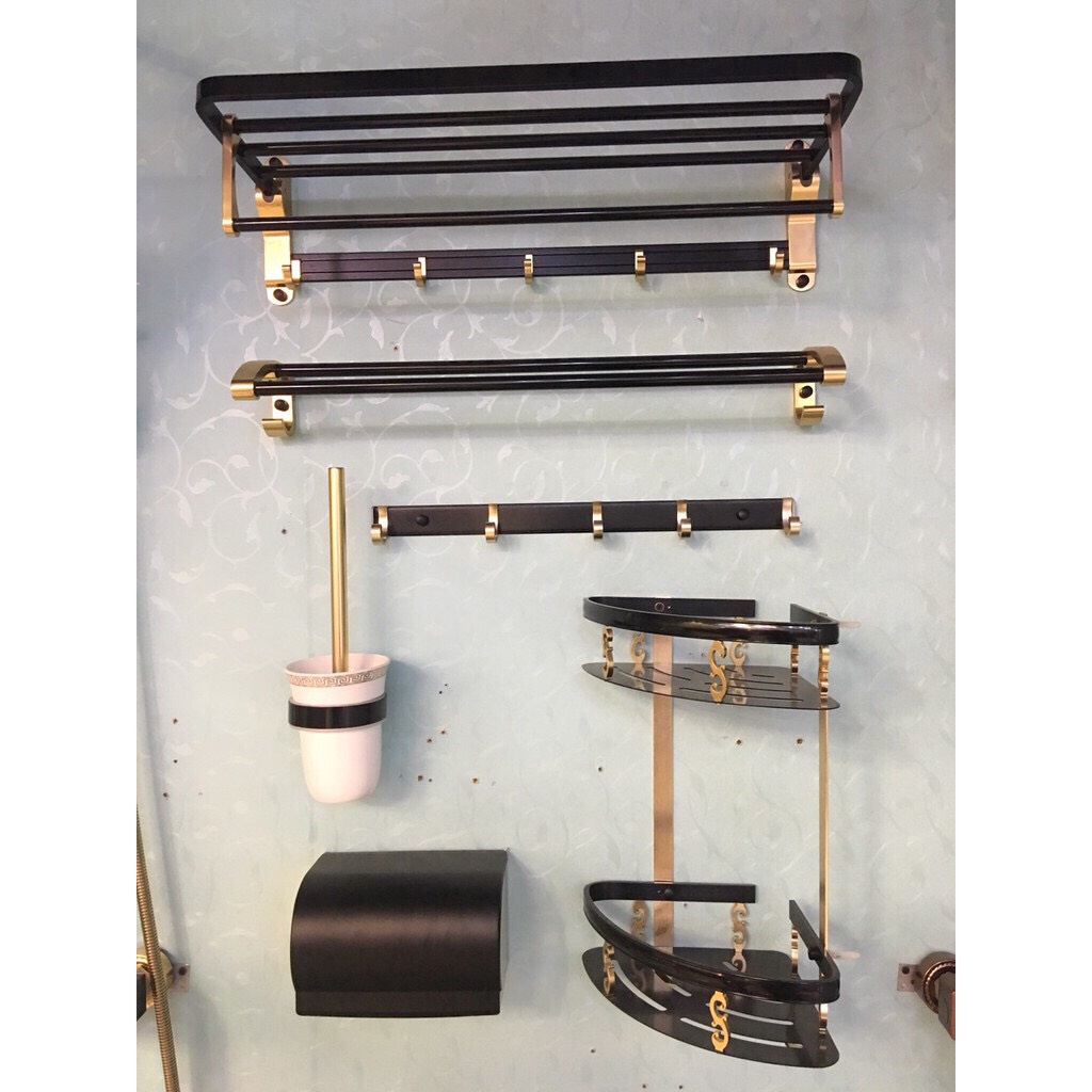 Bộ phụ kiện 6 món hợp kim nhôm mạ đen vàng, phụ kiên 6 món đen