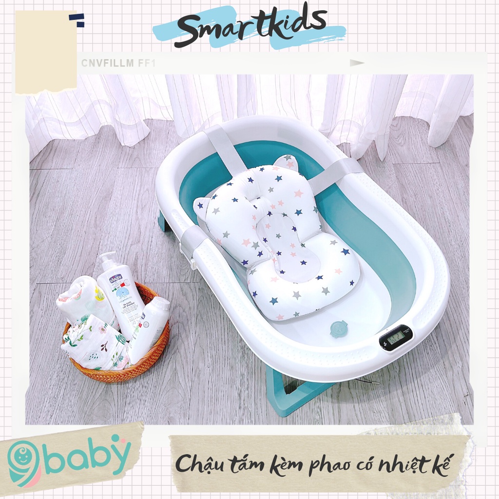 Chậu tắm cho bé gấp gọn kèm phao có nhiệt kế màu xanh 9BABY