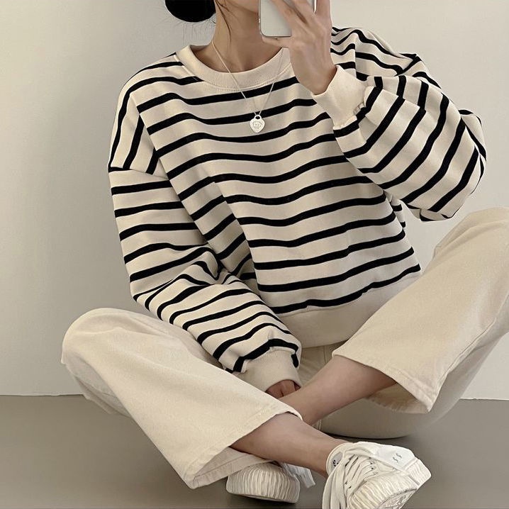 Áo Thun Sweater Nữ Dáng Rộng Kẻ Sọc Ngang Thời Trang Xuân Thu