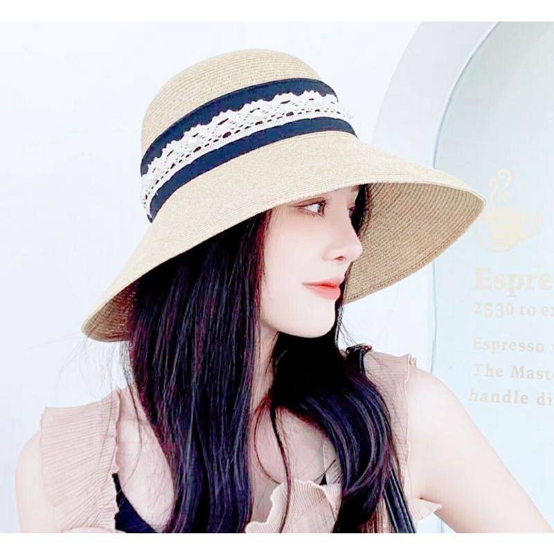Nón mũ rộng vành đi biển đẹp nữ viền ren hạt châu thời trang Hàn Quốc