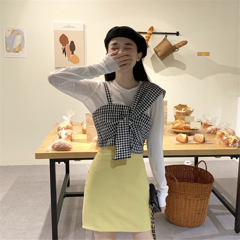 SUXI Korean Fashionable Mesh Long Sleeve Shirt + Plaid Shirt