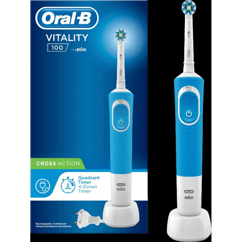 Bàn Chải Điện Oral-B Vitality 100 Cross Action - Trắng và Xanh Nước Biển, 300g, Có Chống Nước