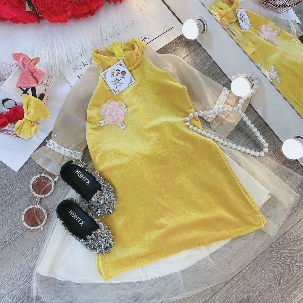 (10-20kg) Set áo dài trẻ em - áo dài nhung tặng kèm bờm nơ xinh cho bé gái QATE843