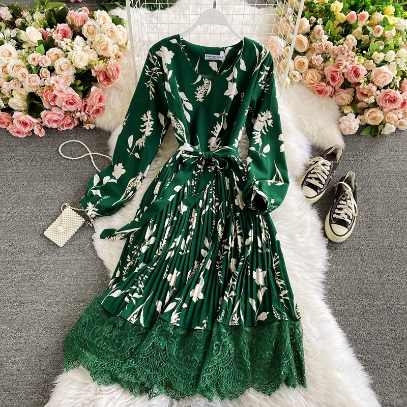 Đầm Midi Hoa Dài Tay Cổ Chữ V Phong Cách Retro Nữ Tính
