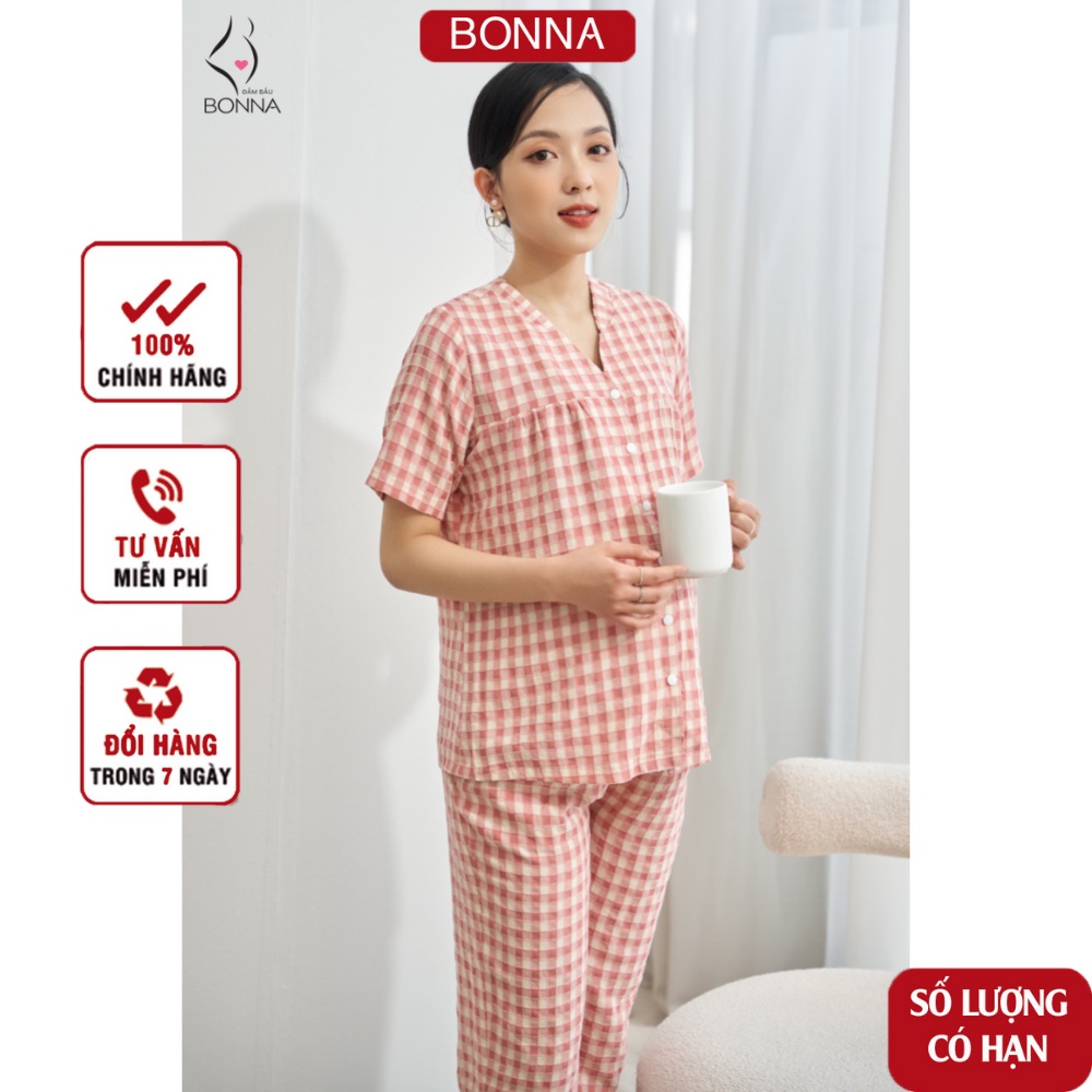 ✤∈Bộ bầu mặc nhà mùa hè BONNA dáng ngắn trẻ trung, chẩt liệu đũi cao cấp, trước và sau sinh, quần có chun cúc B040